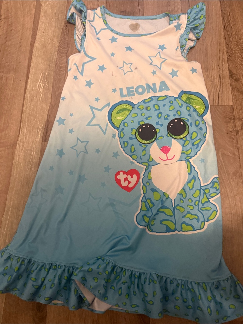 Ty Girls' Blue Leona Leopard Nightgown with Ruffle Hem